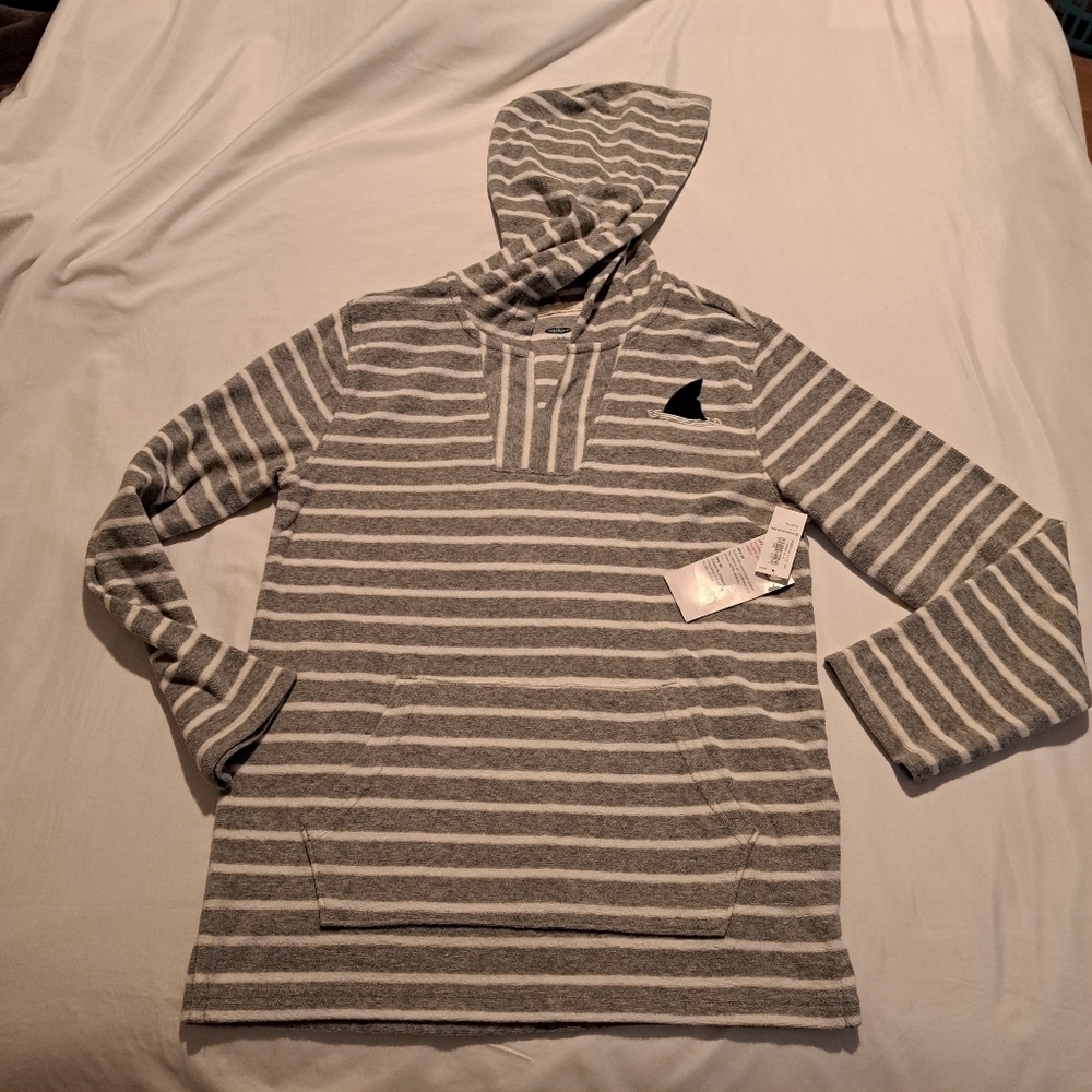 Old Navy boys Large or 10/12 swim coverup hooded gray & white stripe, NWT